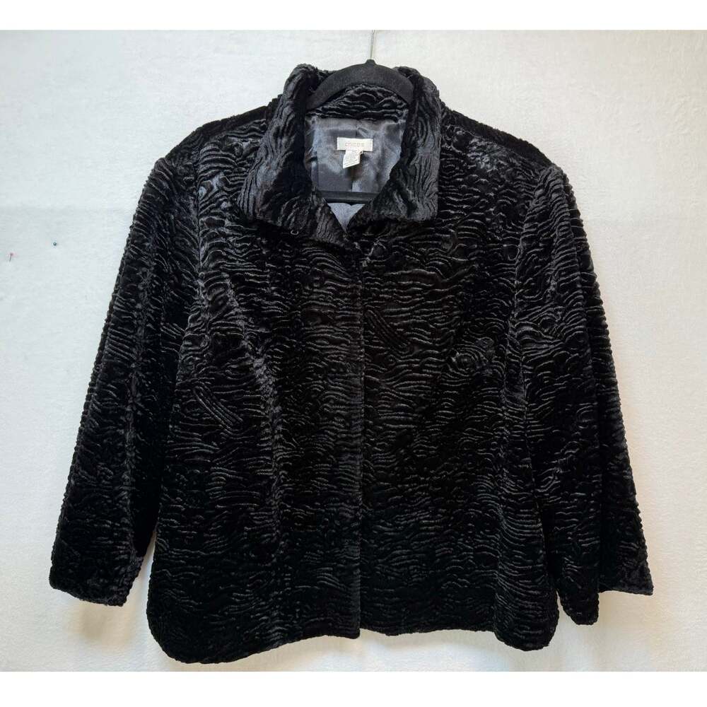 Chico's Faux Fur Jacket, Black, Size 3 (16/18) Party Cocktail Formal